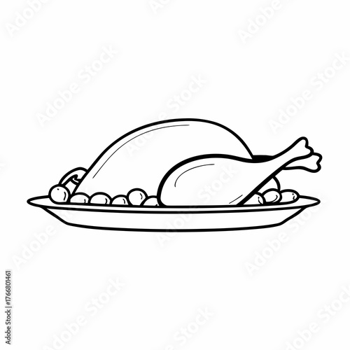 Continuous line art of a roasted turkey on a platter, minimalist style, pure white background