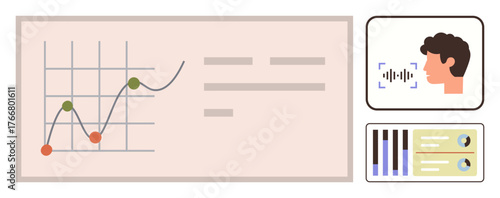Line chart with data points, voice recognition interface, and bar chart with global insights. Ideal for business analytics, technology, data science, AI integration, communication, decision-making