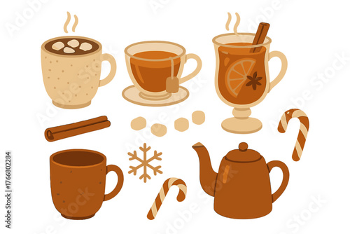 Cozy winter drinks collection featuring hot chocolate, spiced tea, mulled cider, and holiday sweets