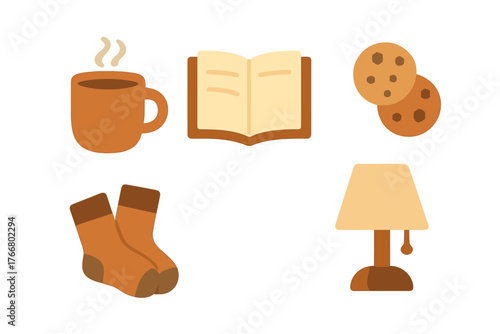 Steaming mug, open book, chocolate cookies, warm knitted socks, and bedside table lamp
