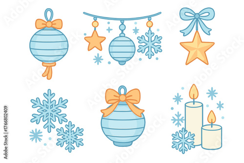 Adorable winter holiday elements including hanging lanterns stars snowflakes and candles