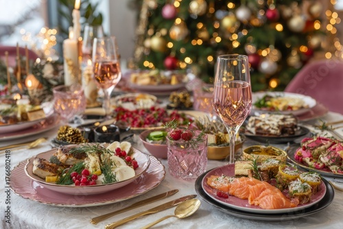 Elegant christmas dinner table richly laid with food