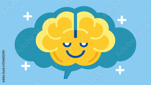 A brain with a power of positivity symbol representing the impact of positive thoughts on overall brain health and function.. Vector illustration