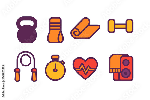 Colorful collection of essential gym and workout equipment items including kettlebell dumbbell and jump rope