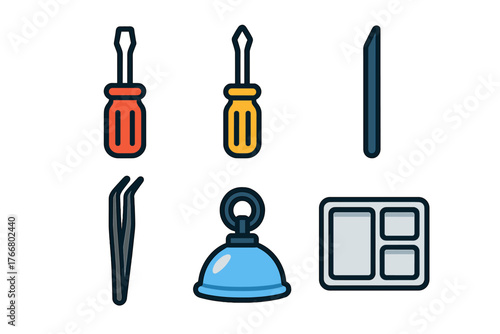 Set of icons representing tools for electronic device repair including screwdrivers, tweezers, and suction cup