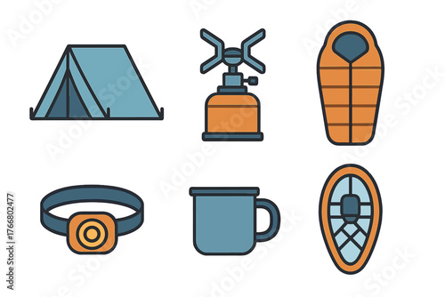 Essential camping and hiking equipment including tent, sleeping bag, portable stove, and snowshoe