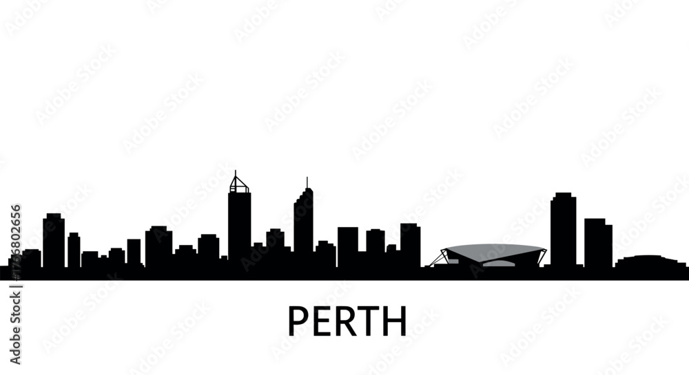 Naklejka premium Perth city skyline silhouette with iconic landmarks and modern architecture