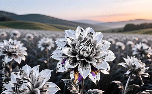 Dense dahlias precision-ground from sintered tungsten carbide under clear morning light. Diamond-polished surfaces reveal cobalt binder phases and micron-scale grain structure. PVD coatings and temper