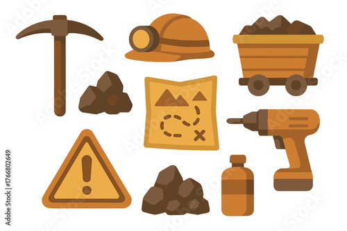 Essential mining equipment and exploration symbols including pickaxe, safety helmet, ore cart, and warning sign