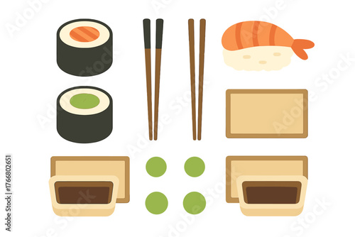 Japanese sushi rolls and nigiri set with chopsticks, wasabi, and soy sauce
