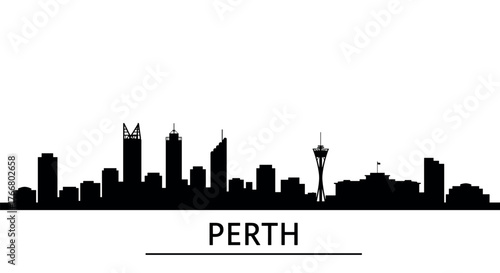 Perth skyline silhouette with iconic buildings and landmarks in black and white