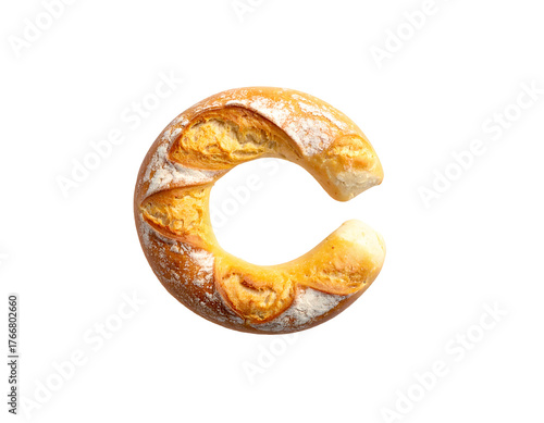 A curved, crusty loaf of bread, dusted with flour, shaped like the letter 