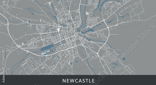 Newcastle city planning map with streets and riverways in monochrome