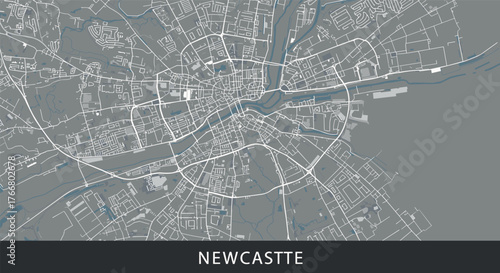 Detailed urban map of newcastle city layout in grey and blue tones