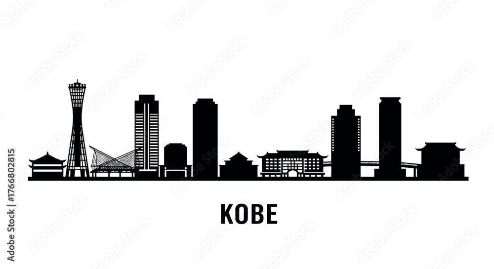 Fototapeta premium Kobe city skyline silhouette: iconic japanese landmarks in black and white