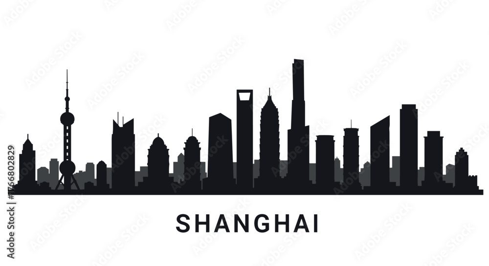 Naklejka premium Shanghai cityscape silhouette featuring iconic skyscrapers in black