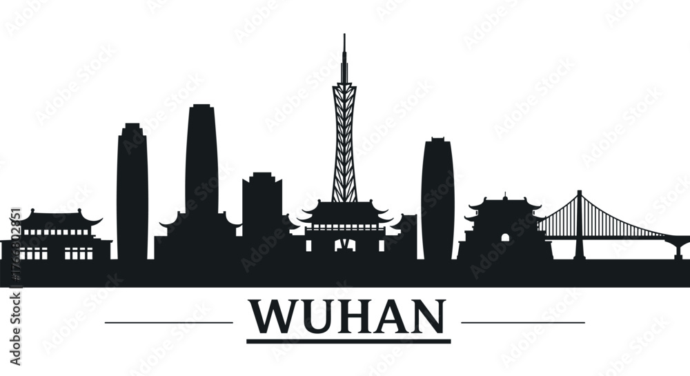 Obraz premium Wuhan city skyline silhouette with landmarks and modern skyscrapers