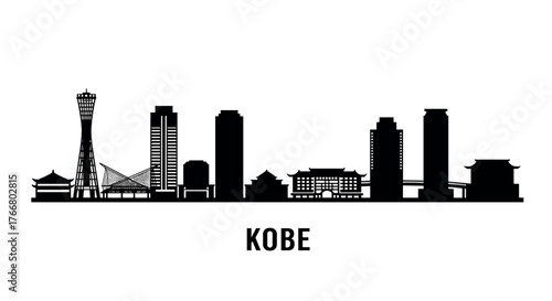 Kobe city skyline silhouette: iconic japanese landmarks in black and white