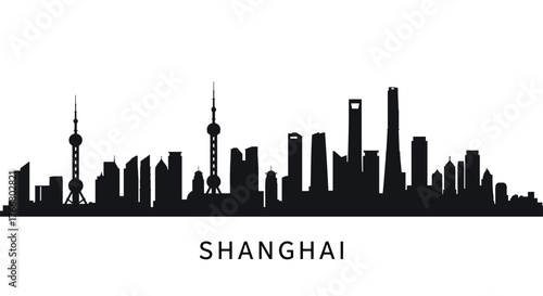 Shanghai city skyline silhouette with iconic landmarks and modern architecture