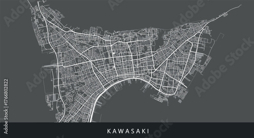Detailed urban map of kawasaki on a dark background with white road network