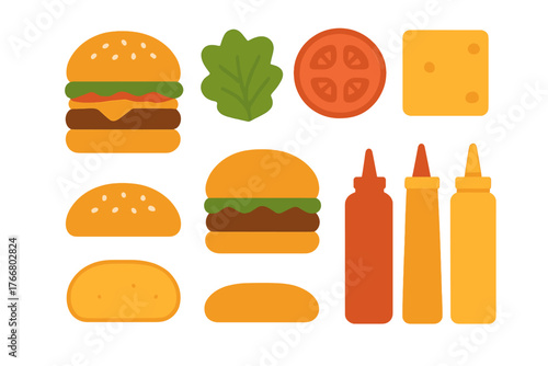 Set of delicious hamburger ingredients and sauces in modern flat graphic style
