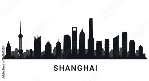 Shanghai cityscape silhouette featuring iconic skyscrapers in black