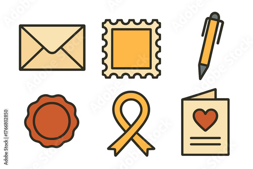 Collection of communication and stationery symbols: envelope, postage stamp, writing pen, wax seal, awareness ribbon, greeting card