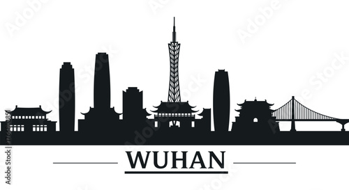 Wuhan city skyline silhouette with landmarks and modern skyscrapers