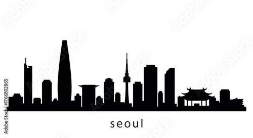 Seoul cityscape silhouette with iconic landmarks in black and white