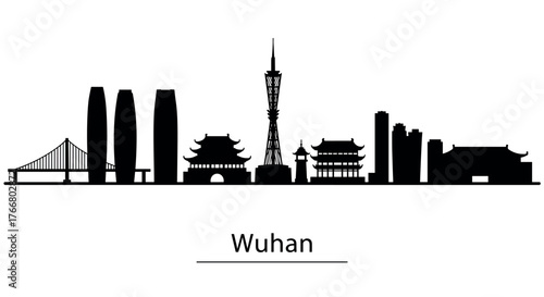 Wuhan city skyline silhouette featuring iconic landmarks and modern architecture