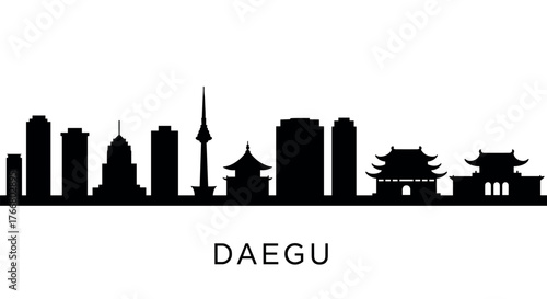 Daegu city silhouette with iconic landmarks in black and white design