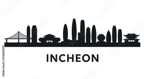 Incheon city skyline with black silhouette of landmark buildings