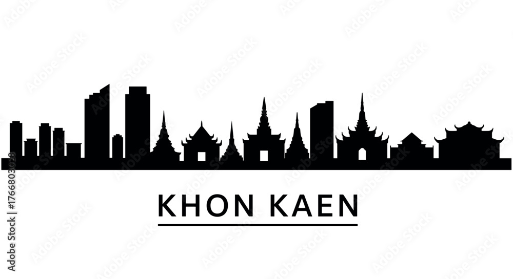 Naklejka premium Khon kaen cityscape silhouette: iconic skyline with temples and modern architecture