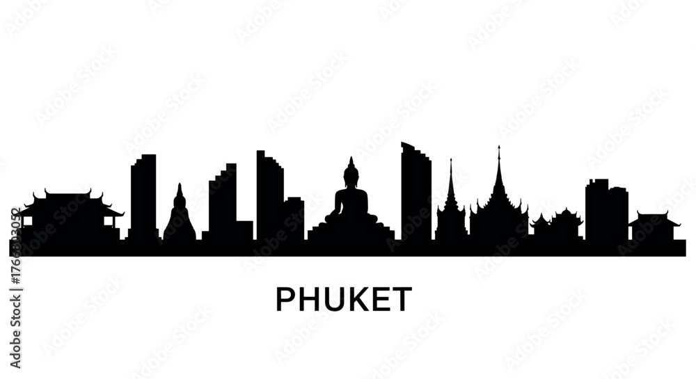 Naklejka premium Phuket city skyline silhouette with iconic landmarks in black and white design