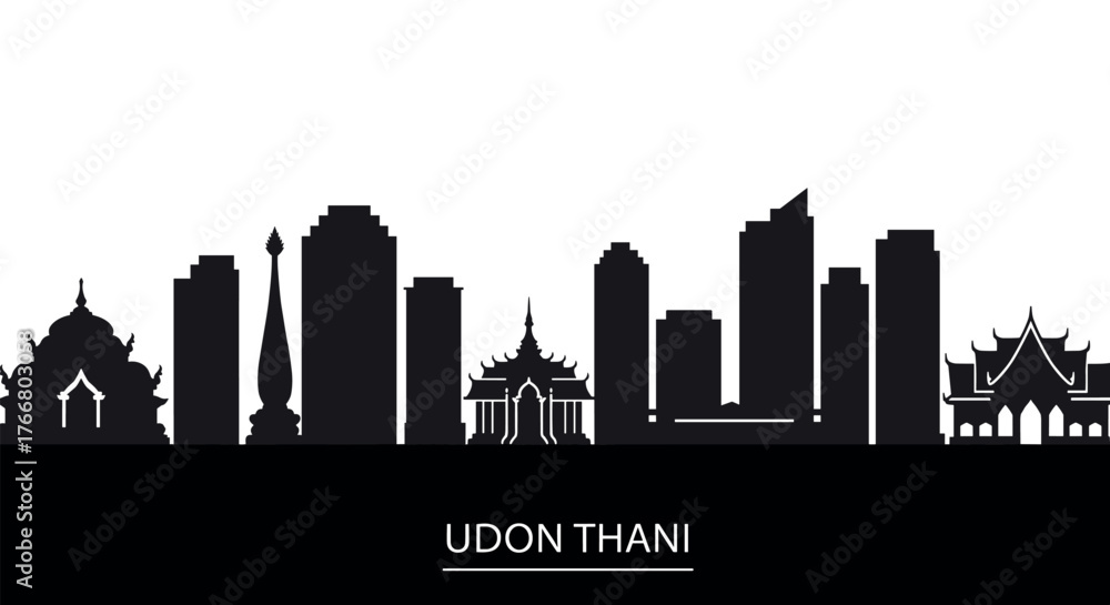 Naklejka premium Udon thani cityscape silhouette with iconic landmarks and modern architecture
