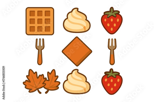 Delicious autumn breakfast featuring waffle, whipped cream, strawberries, and maple leaves