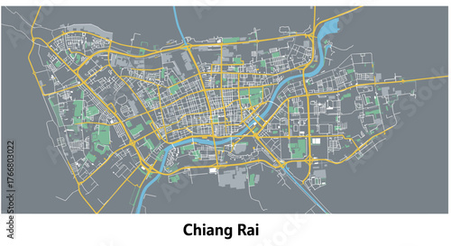 Chiang rai city map with gray background and yellow roads highlighting urban layout