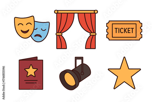 Set of performance and drama symbols showing masks, stage curtains, ticket, program, and star award