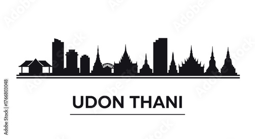 Udon thani skyline silhouette with landmarks on white background