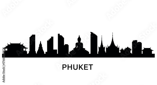 Phuket city skyline silhouette with iconic landmarks in black and white design