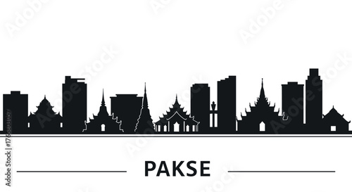 Pakse skyline silhouette with iconic temple structures and modern buildings