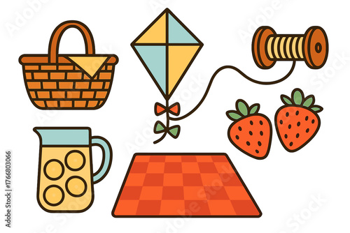 Summer picnic set with basket, checkered blanket, lemonade pitcher, flying kite, and fresh strawberries