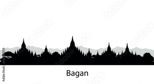Silhouette skyline of historic bagan with temples and pagodas