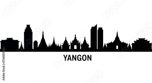 Yangon city silhouette skyline with iconic landmarks in black and white