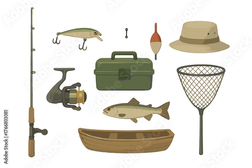 Classic fishing equipment set including rod, reel, lure, tackle box, bobber, net, boat, and trout