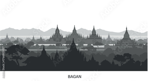 Monochrome silhouette of bagan temples against mountainous horizon