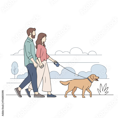 Couple happily walks dog in park, enjoying sunny day and fresh air together.