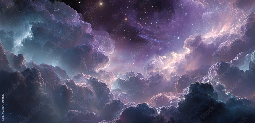 Naklejka premium Vast purple and gray clouds fill a starry night sky
