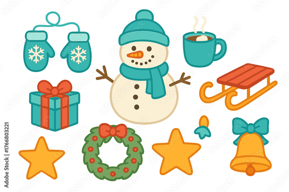 Obraz premium Cute winter and Christmas holiday elements featuring snowman, mittens, gift, and sleigh