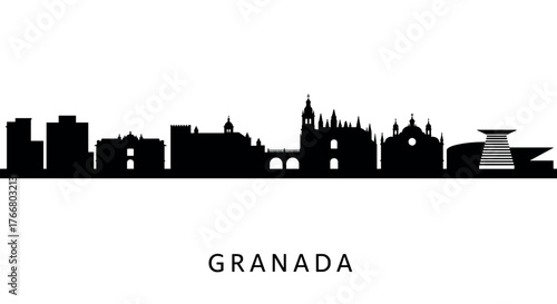 Granada cityscape silhouette: iconic architectural skyline in black and white